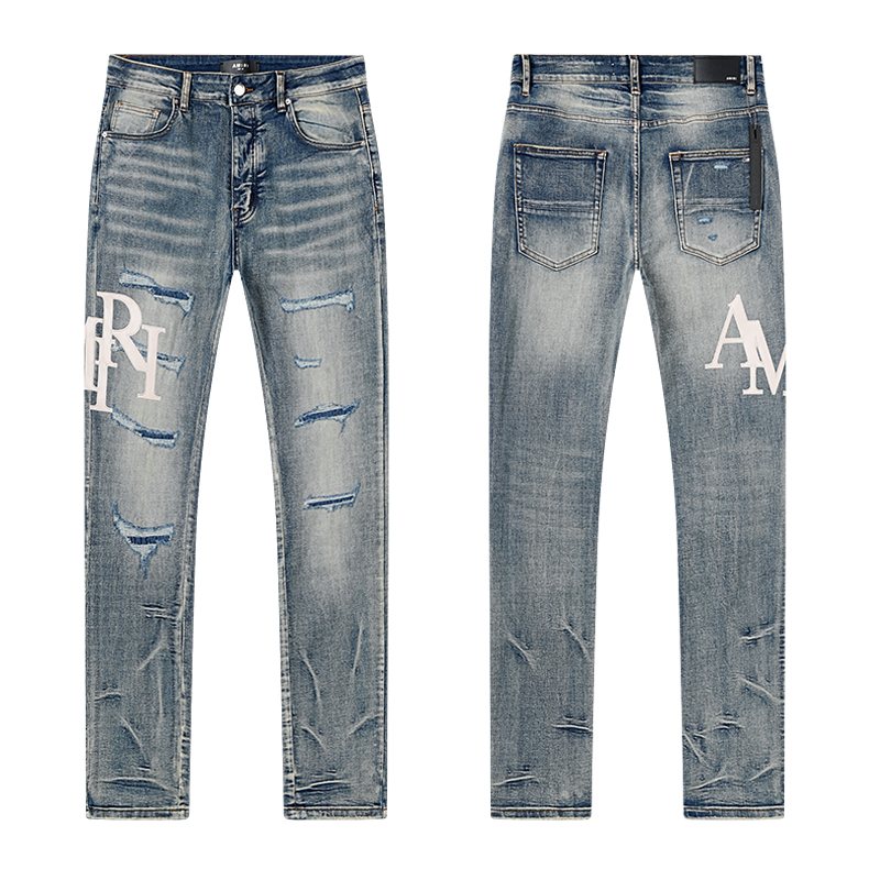 AMIRI Light Blue Distressed Letter Graphic Jeans — hero
