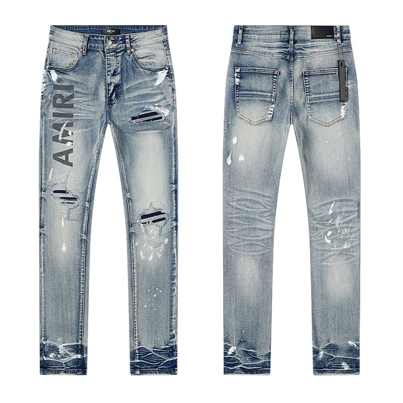 Amiri Light Blue Distressed Leg Print Jeans — hero