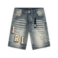 AMIRI Light Blue Letter Patch Denim Shorts — hero