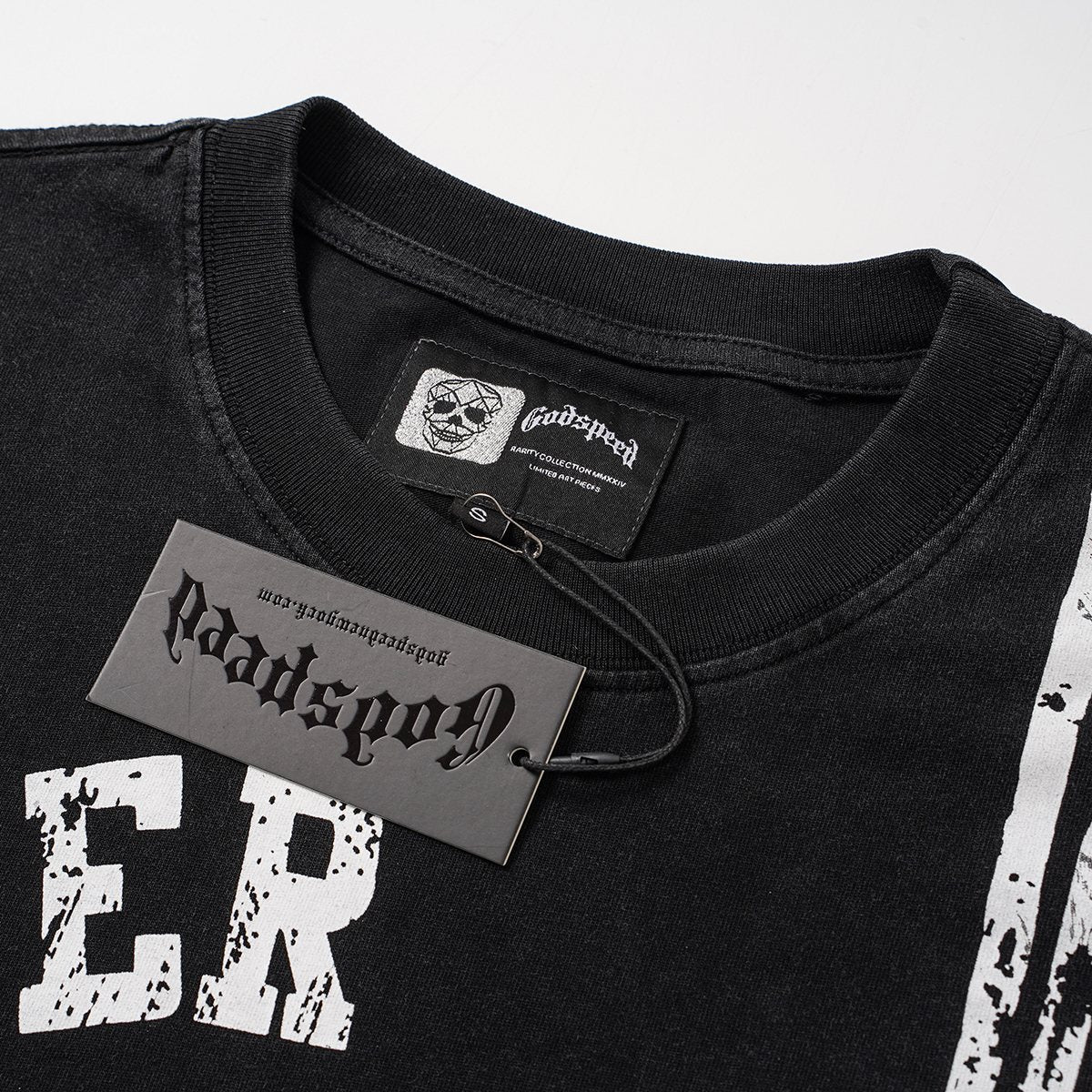Godspeed Washed Black Distressed Graphic T-Shirt — neck_label