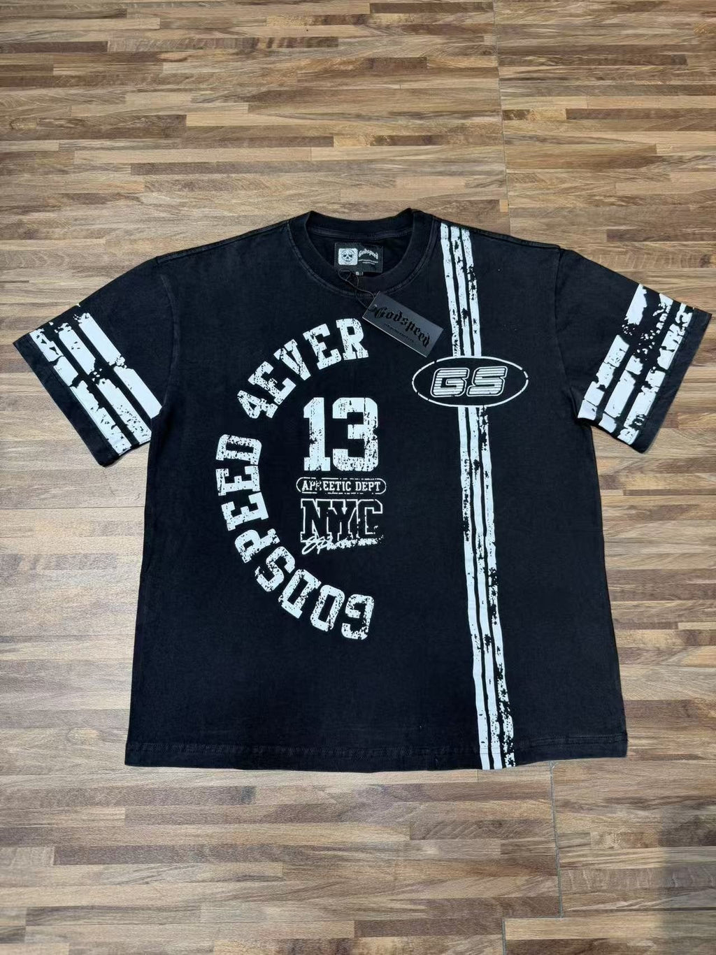 Godspeed Washed Black Distressed Graphic T-Shirt — front