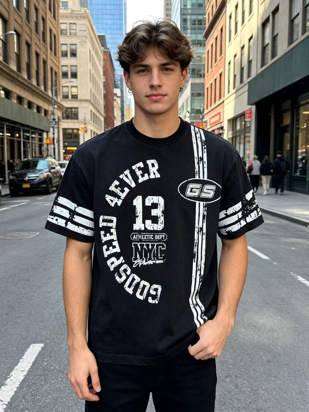 Godspeed Washed Black Distressed Graphic T-Shirt — model