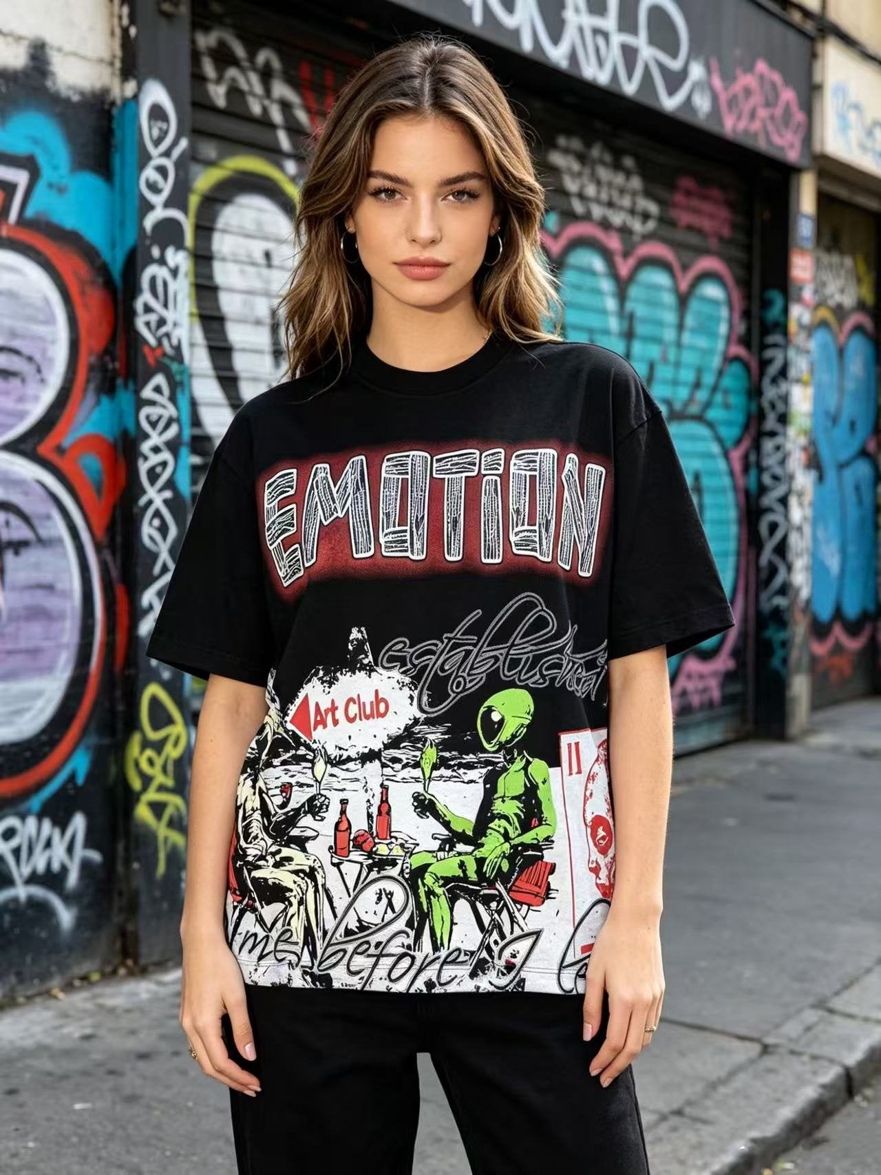 MIXED EMOTION Front and Back Graphic T-Shirt — model