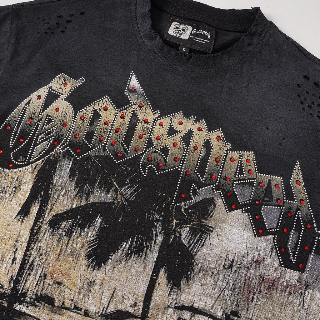 Godspeed Distressed Rhinestone Graphic T-Shirt — detail