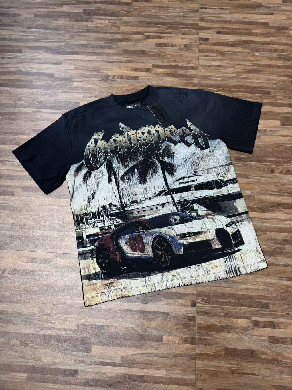Godspeed Distressed Rhinestone Graphic T-Shirt — front