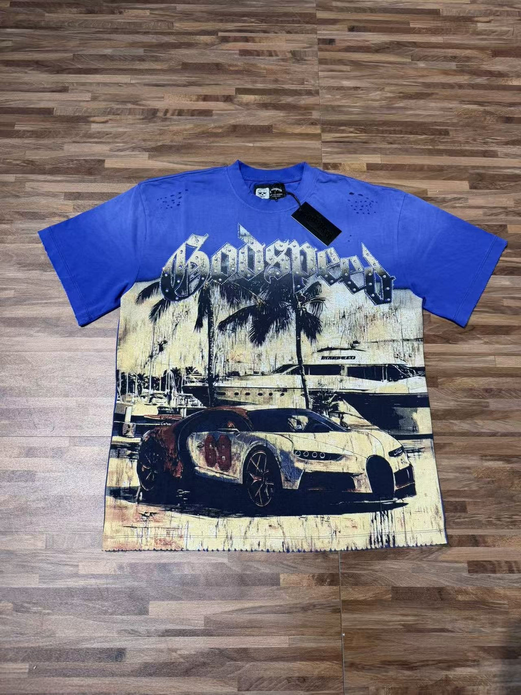 Godspeed Distressed Rhinestone Graphic T-Shirt — front