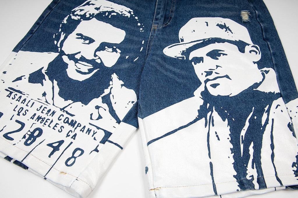 ASAALL Portrait Graphic Washed Denim Shorts — detail