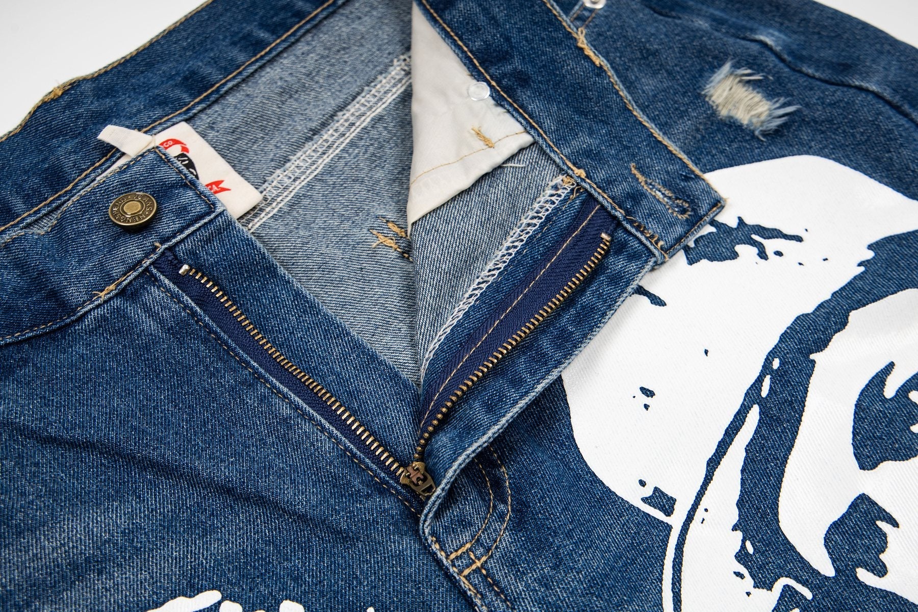 ASAALL Portrait Graphic Washed Denim Shorts — detail