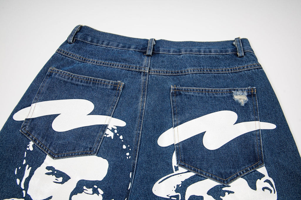 ASAALL Portrait Graphic Washed Denim Shorts — detail