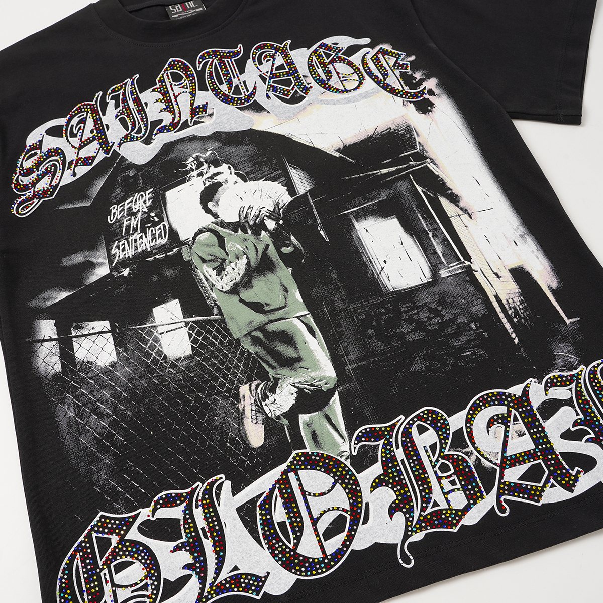 SAINT Black Rhinestone Graphic T-Shirt — detail