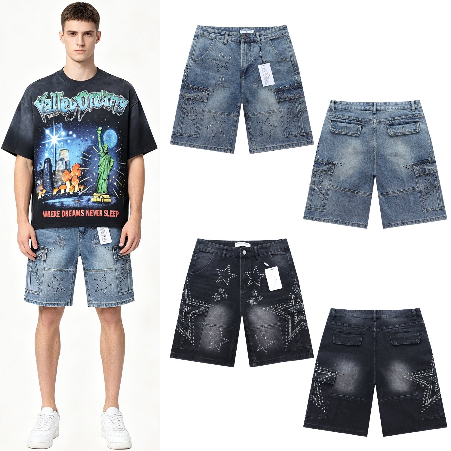 VALLEY Star Rhinestone Denim Cargo Shorts — context