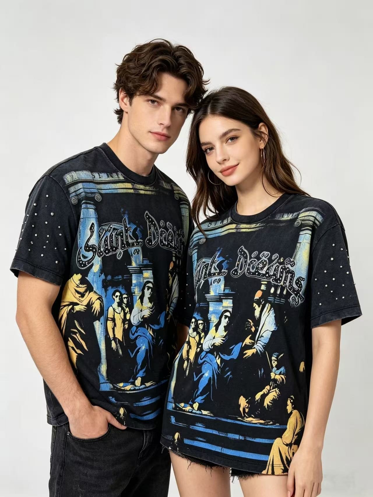 SAINT Religious Art Rhinestone T-Shirt — context