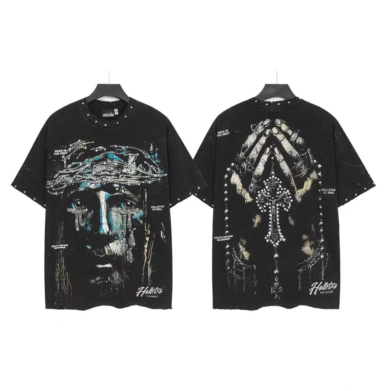 Hellstar Blue Face Praying Hands Graphic T-Shirt — front