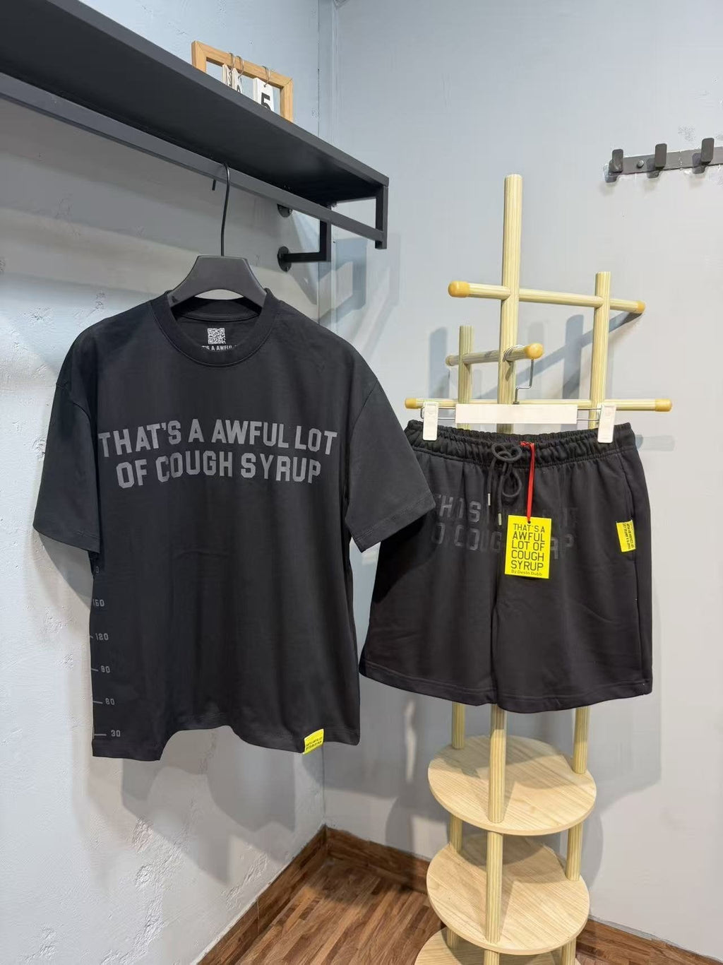 THAT'S A AWFUL LOT OF COUGH SYRUP Tonal Distressed T-Shirt & Shorts Set — front