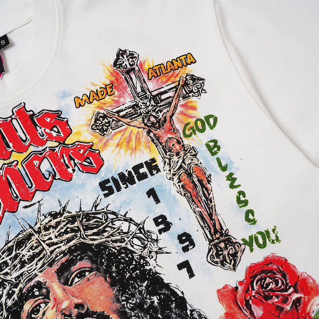 SAINT Religious-Inspired Graphic Short-Sleeve T-Shirt — detail