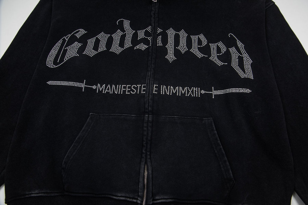Godspeed Washed Gothic Graphic Full-Zip Hoodie — front
