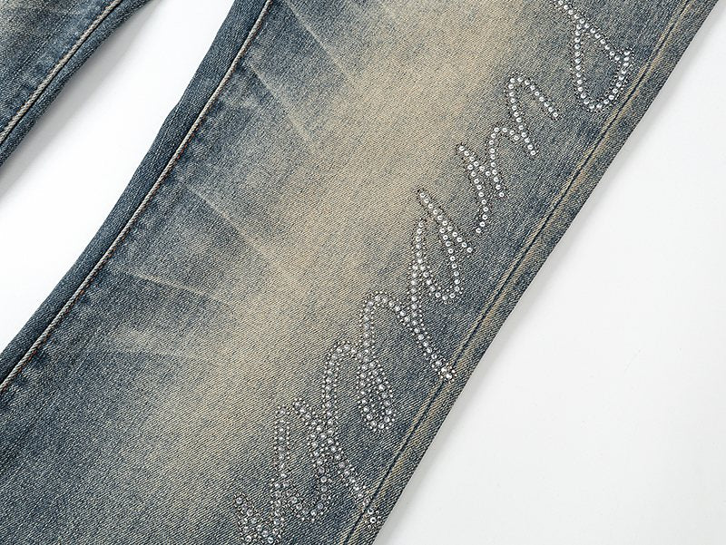 Purple Brand Rhinestone Script Flare Jeans — detail