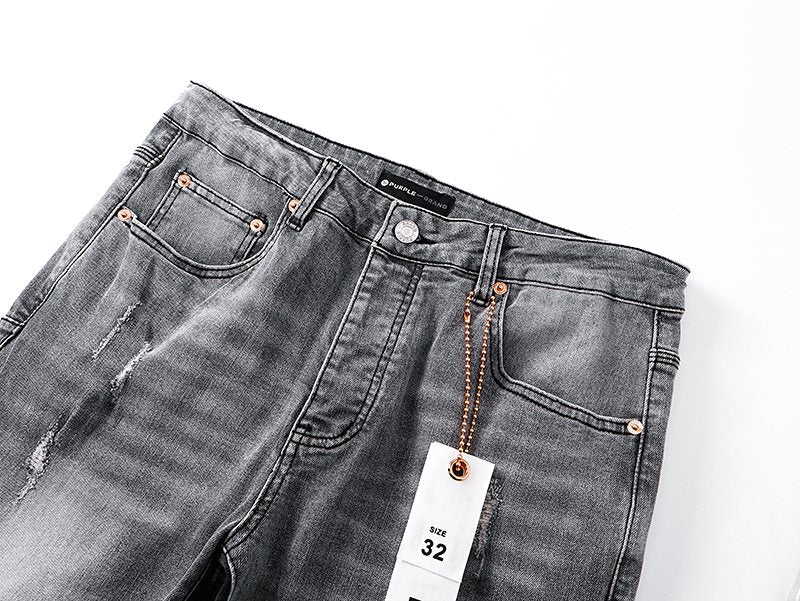 Purple Brand Washed Gray Distressed Flared Jeans — detail