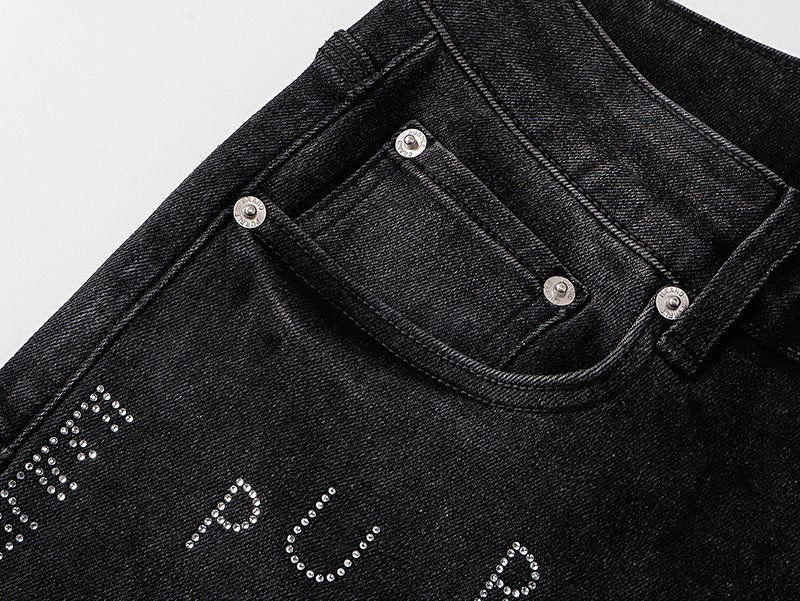 Purple Brand Black Rhinestone Graphic Denim Shorts — detail