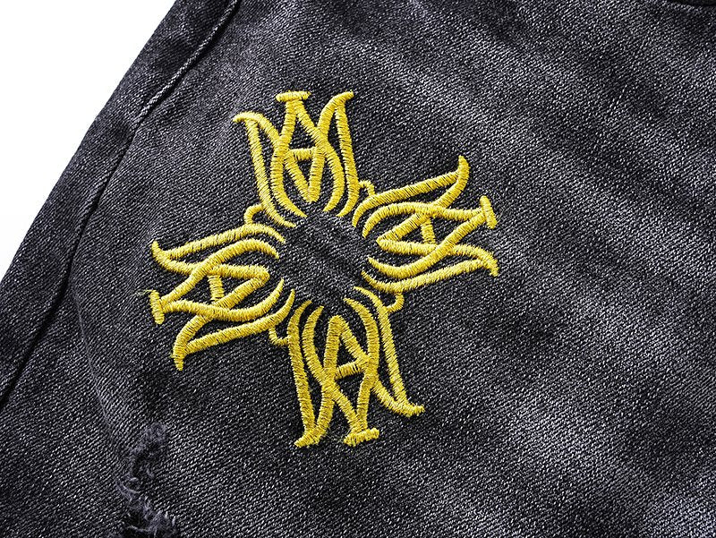 AMIRI Black Distressed Embroidered Jeans — detail