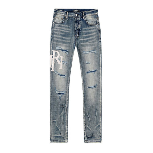 AMIRI Light Blue Distressed Appliqué Jeans — front