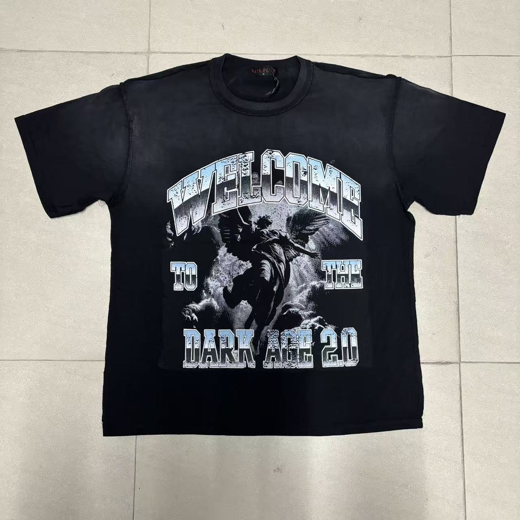 RARE PEACE Dark Age Washed Black Graphic T-Shirt — front