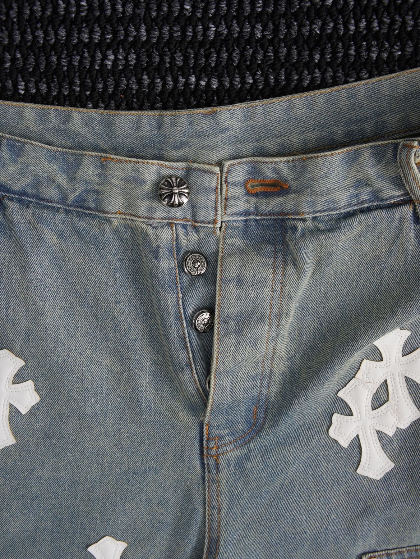 Chrome Hearts Cross Patch Light Blue Denim Shorts — detail