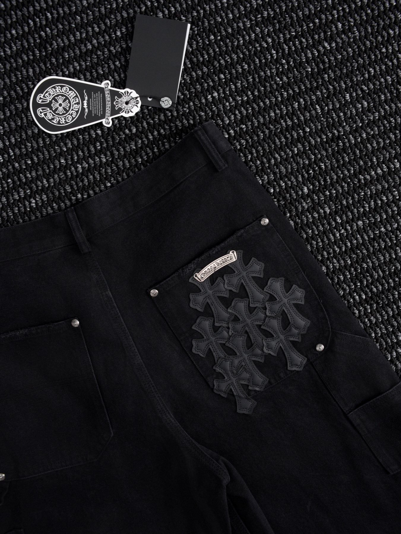 Chrome Hearts Black Graphic Appliqué Denim Cargo Shorts — detail