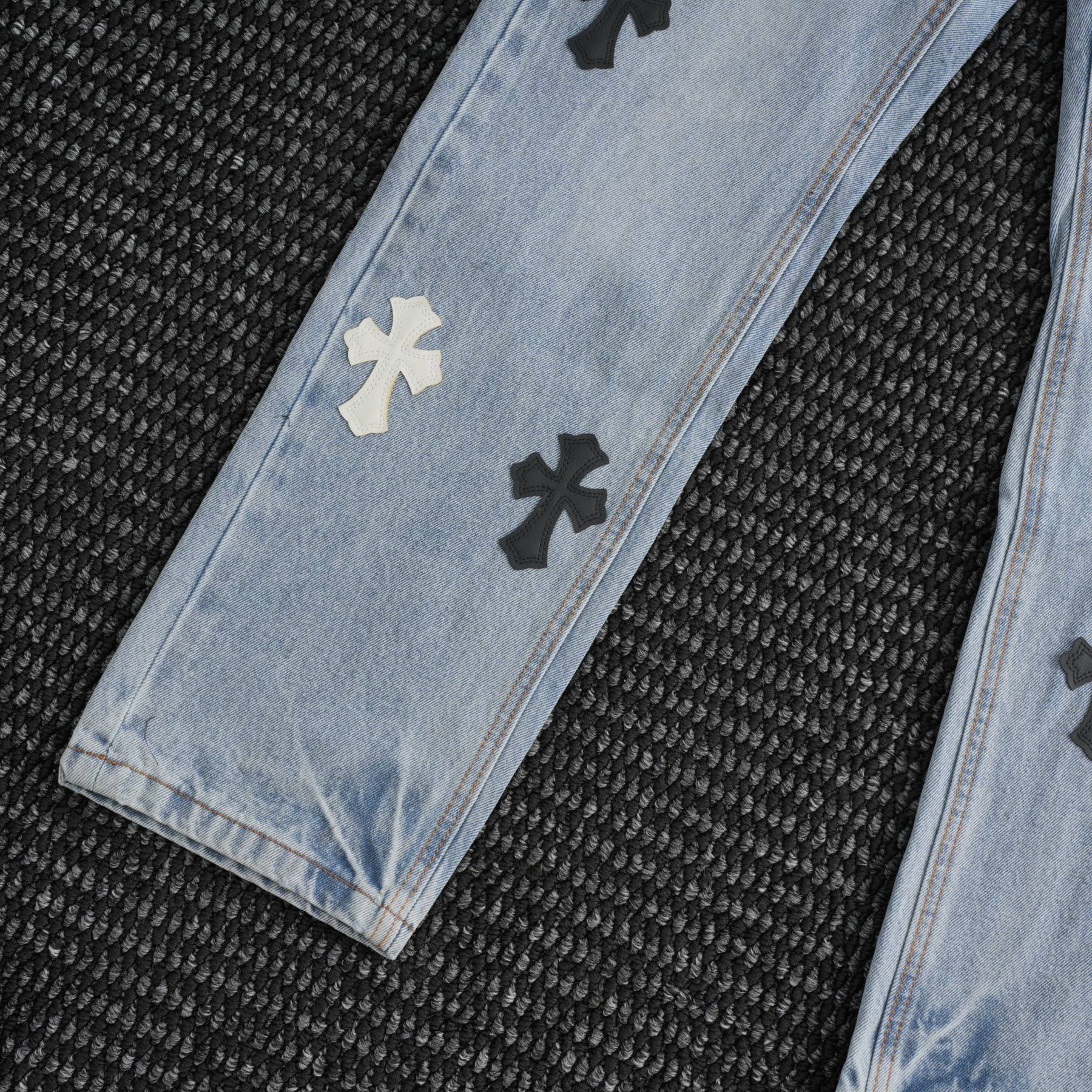 Chrome Hearts Light Blue Cross Patch Jeans — detail