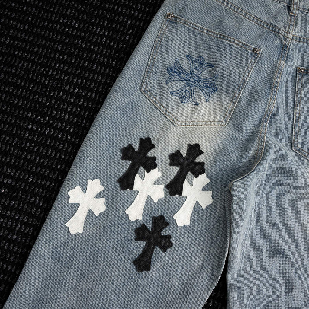 Chrome Hearts Cross Applique Light Blue Jeans — detail