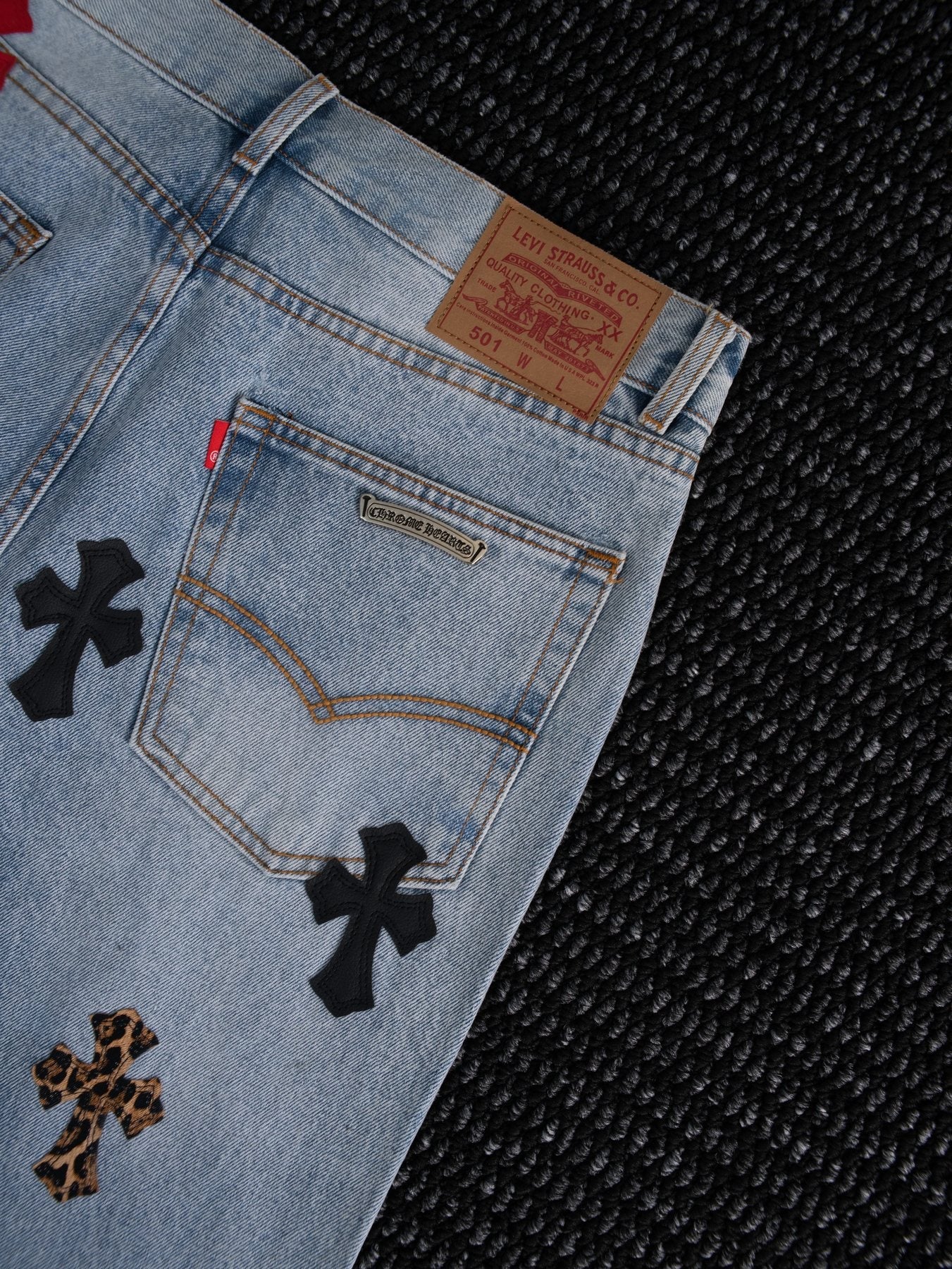 Chrome Hearts Light Blue Cross Patch Jeans — detail