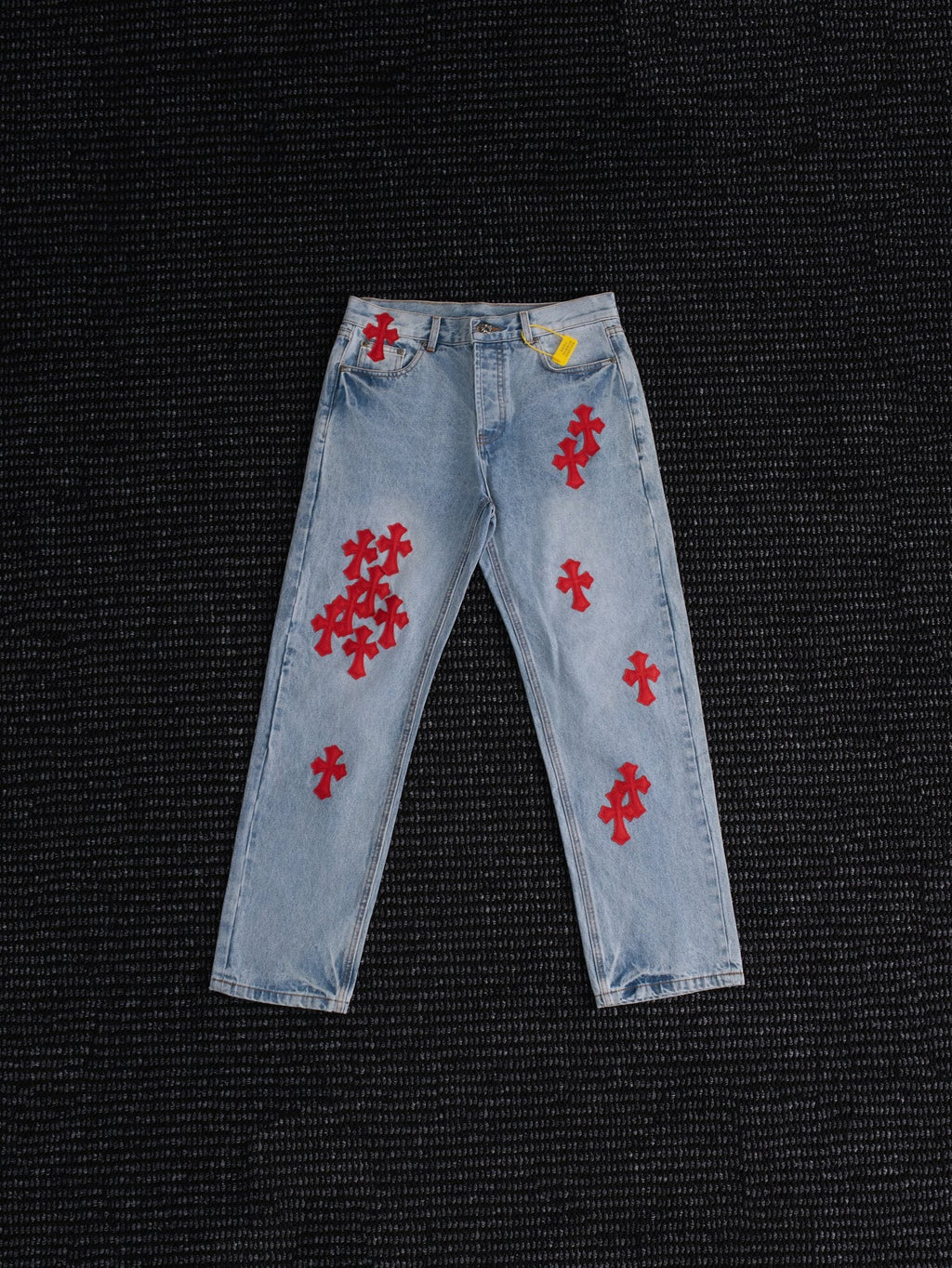 Chrome Hearts Light Blue Cross Patch Jeans — hero