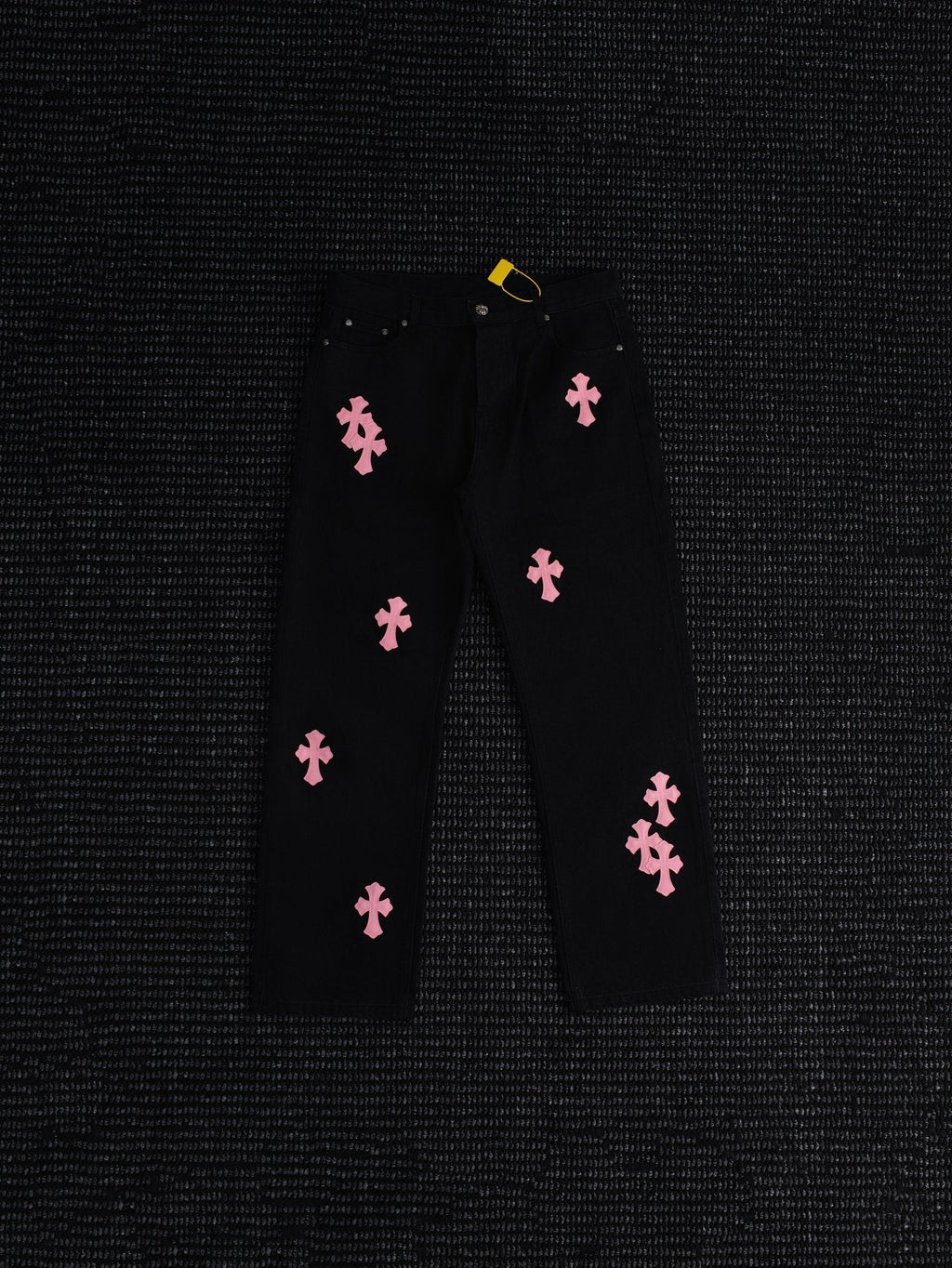 Chrome Hearts Pink Cross Patch Black Jeans — front