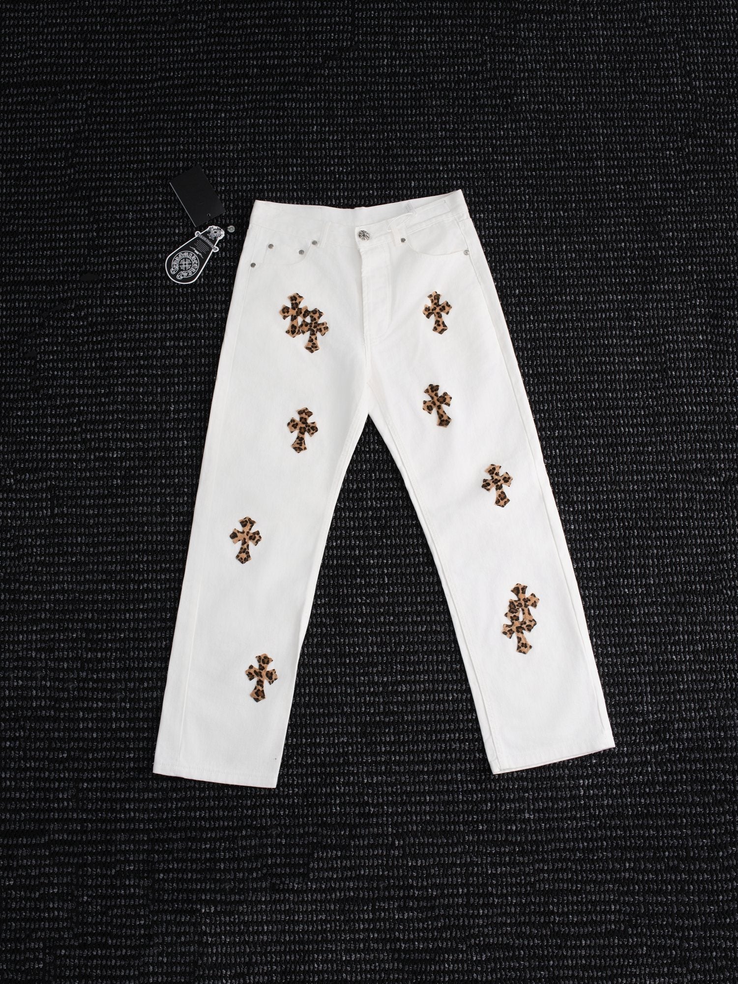 Chrome Hearts Leopard Cross Patch White Jeans — hero