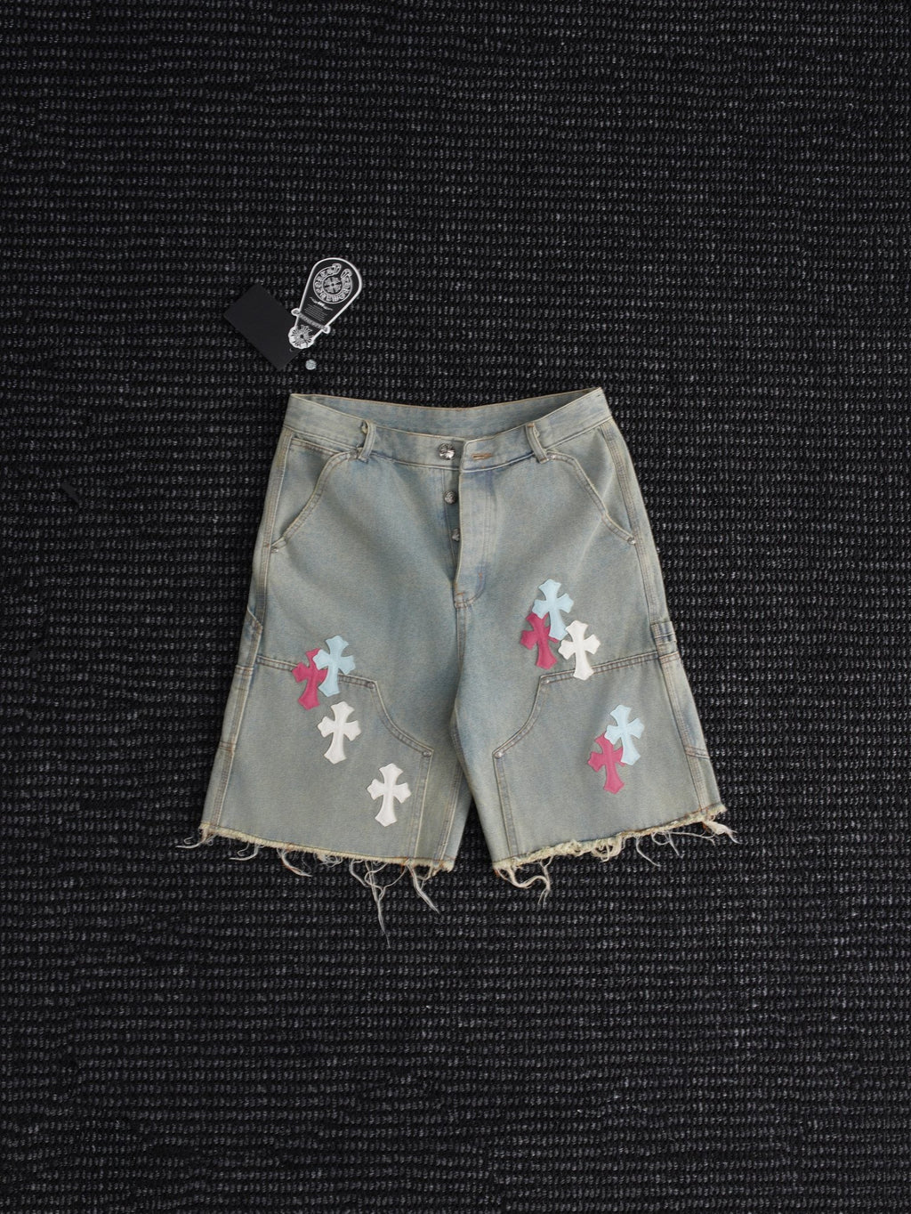 Chrome Hearts Cross Patch Light Blue Denim Shorts — hero