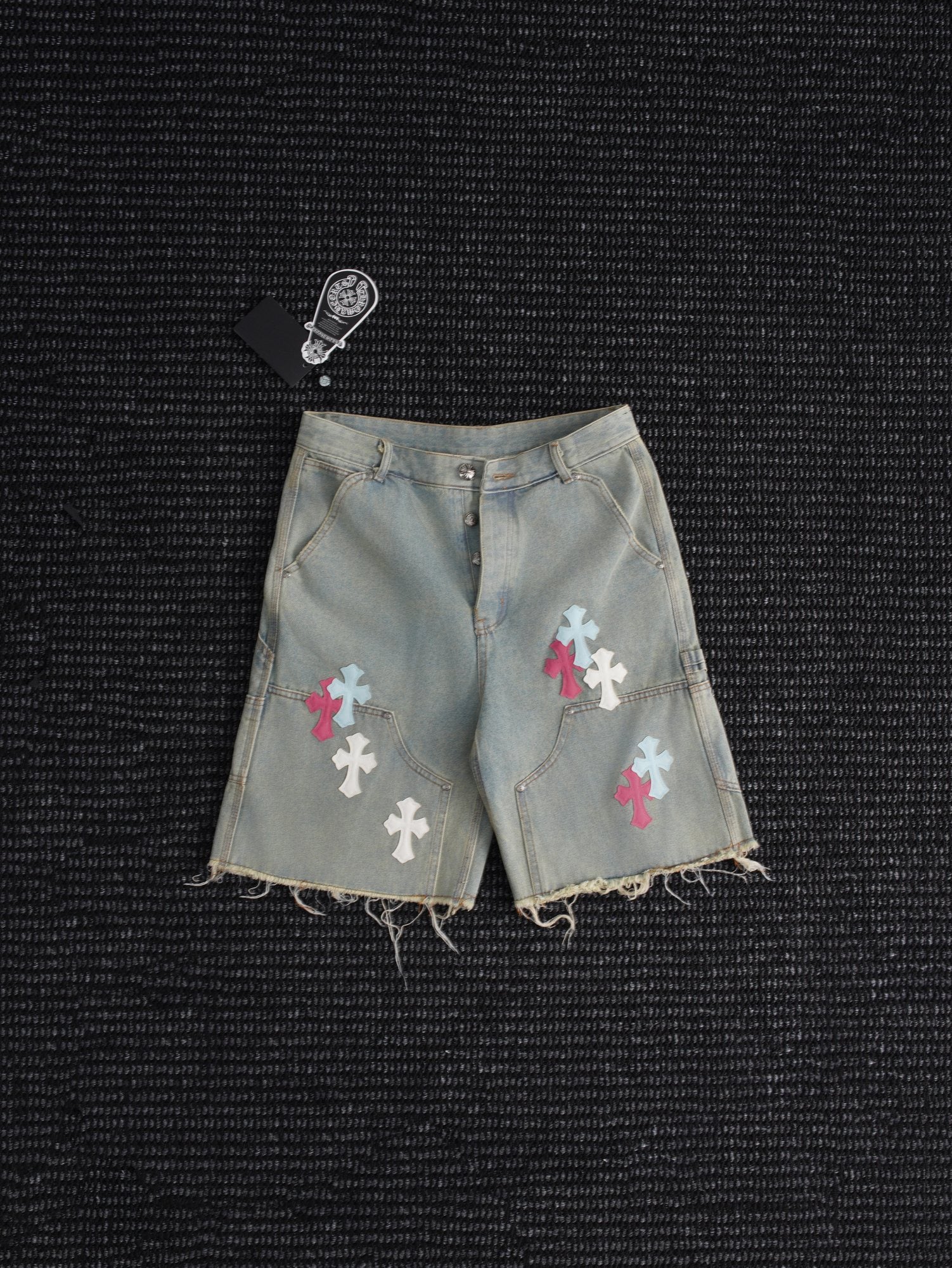 Chrome Hearts Cross Patch Light Blue Denim Shorts — hero