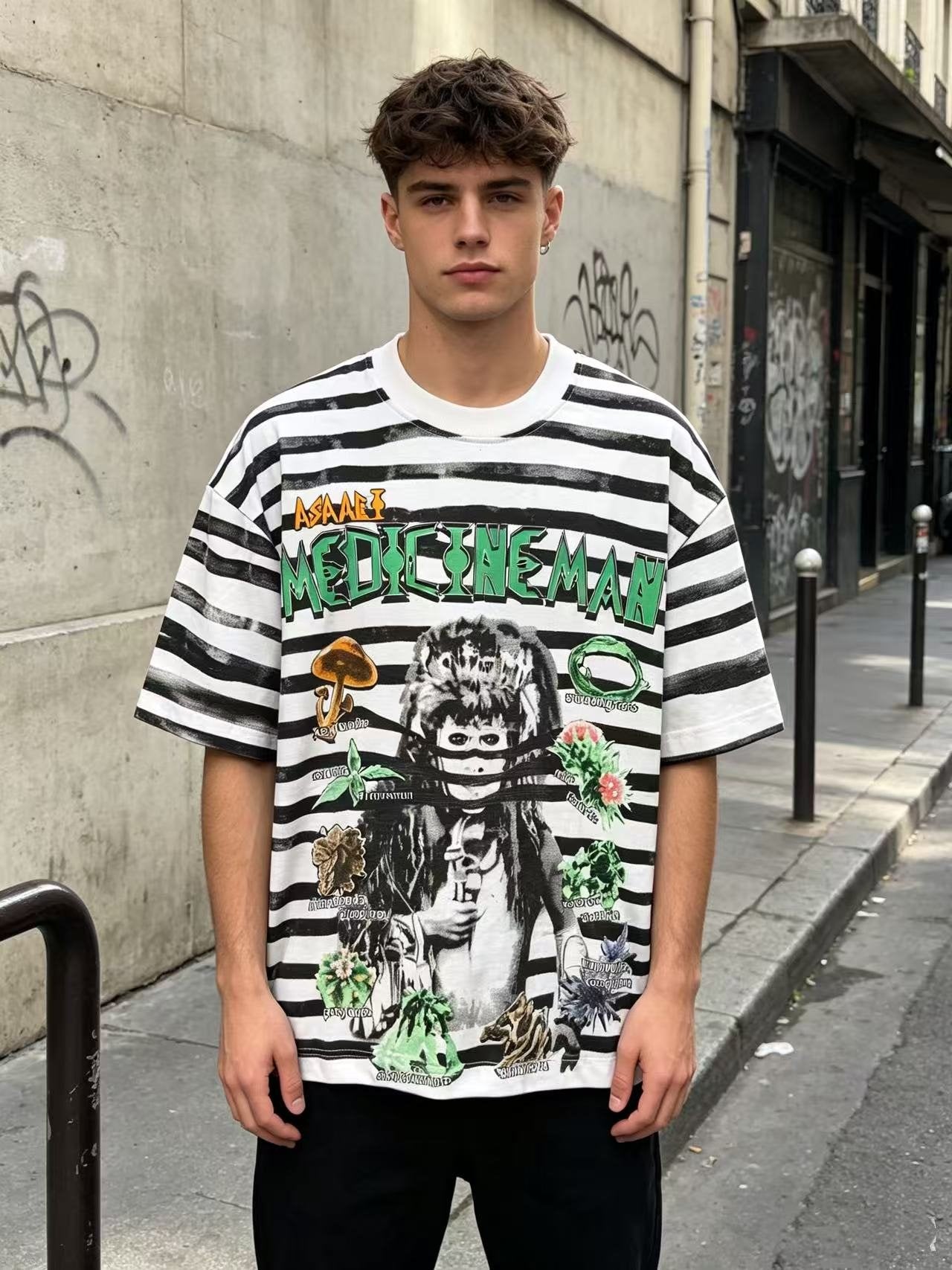 ASAALL Striped Front & Back Graphic T-Shirt — model