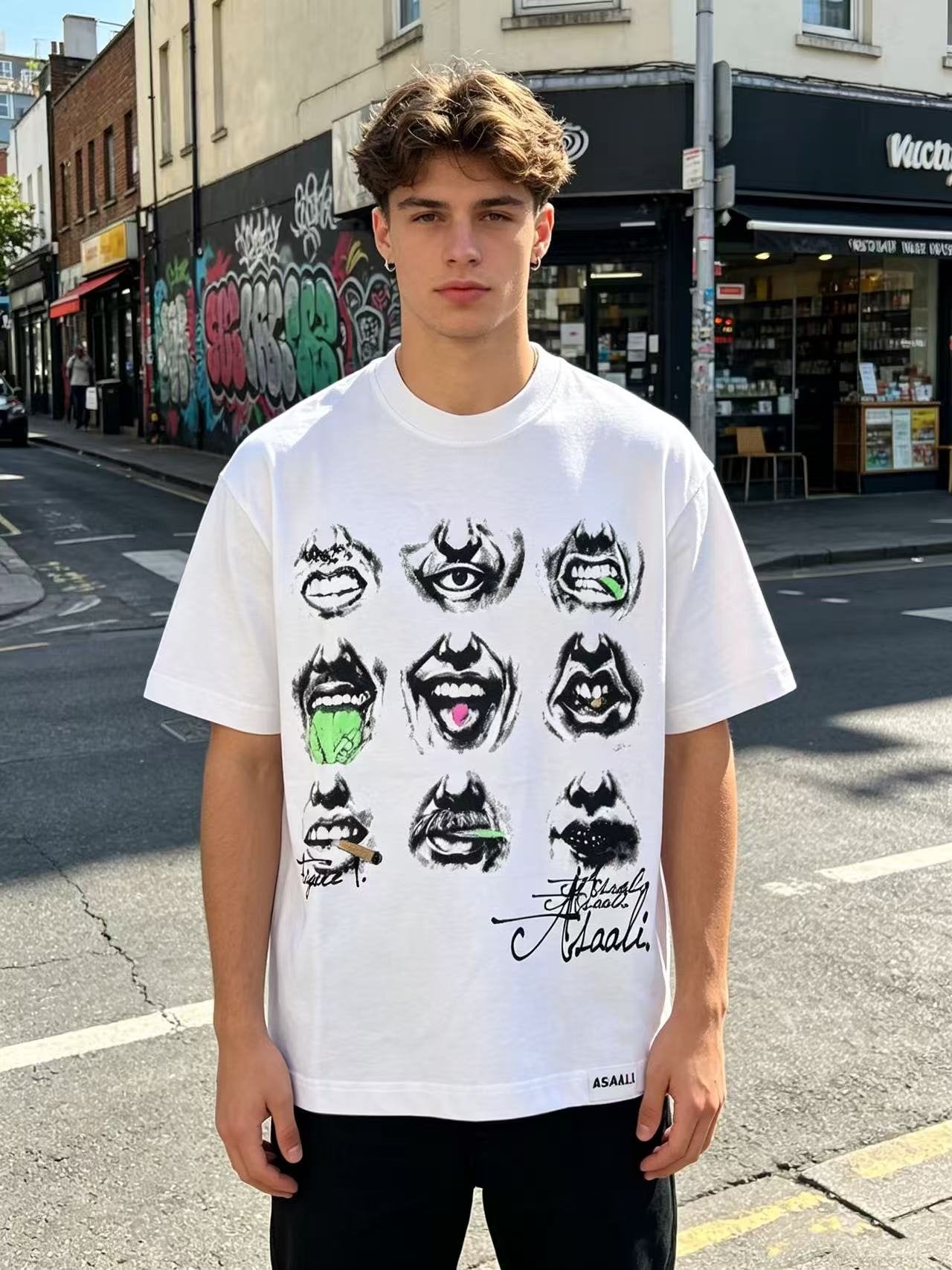 ASAALL Eye & Mouth Graphic Short-Sleeve T-Shirt — model