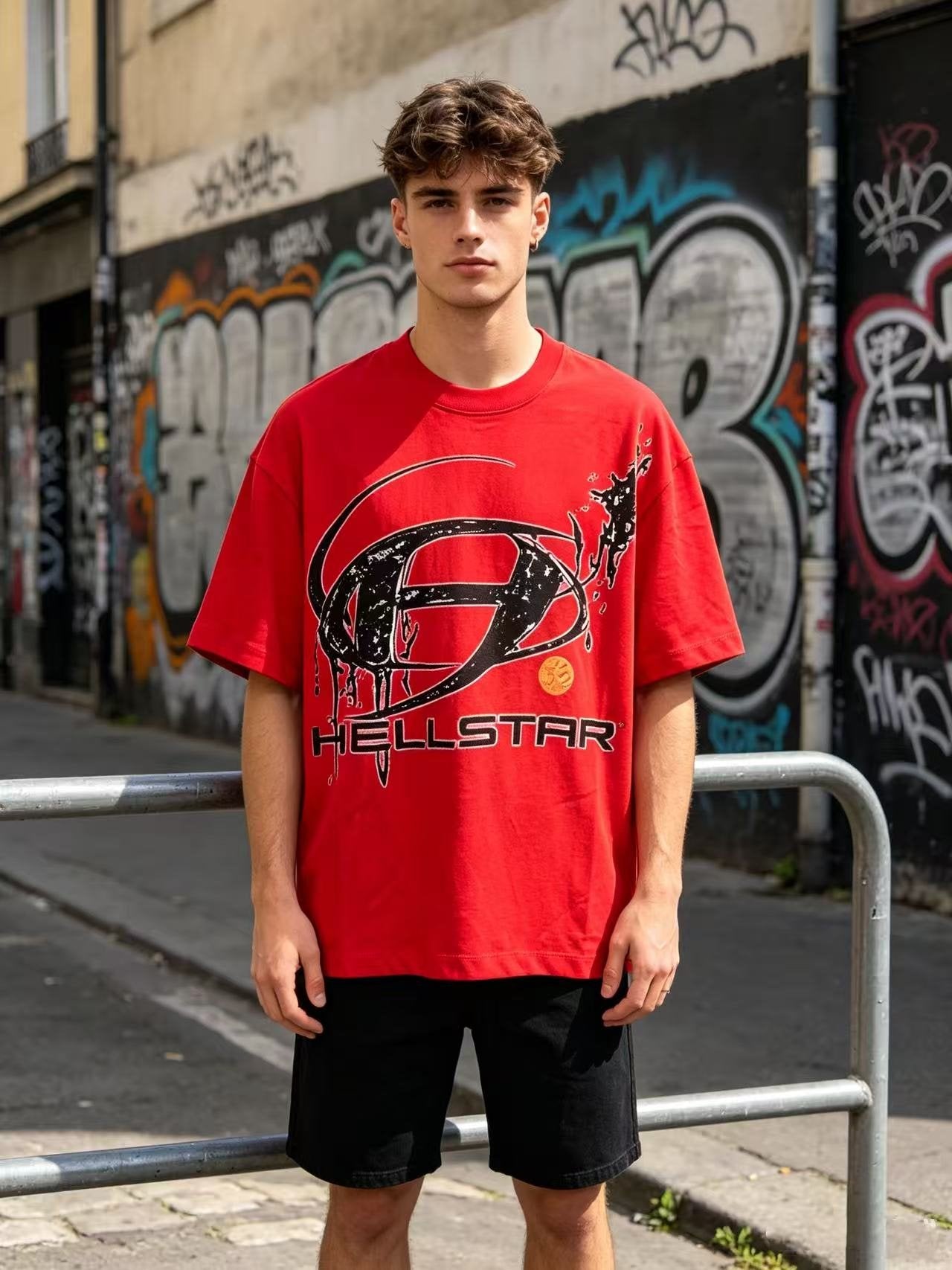 Hellstar Red Graphic Short-Sleeve T-Shirt — model