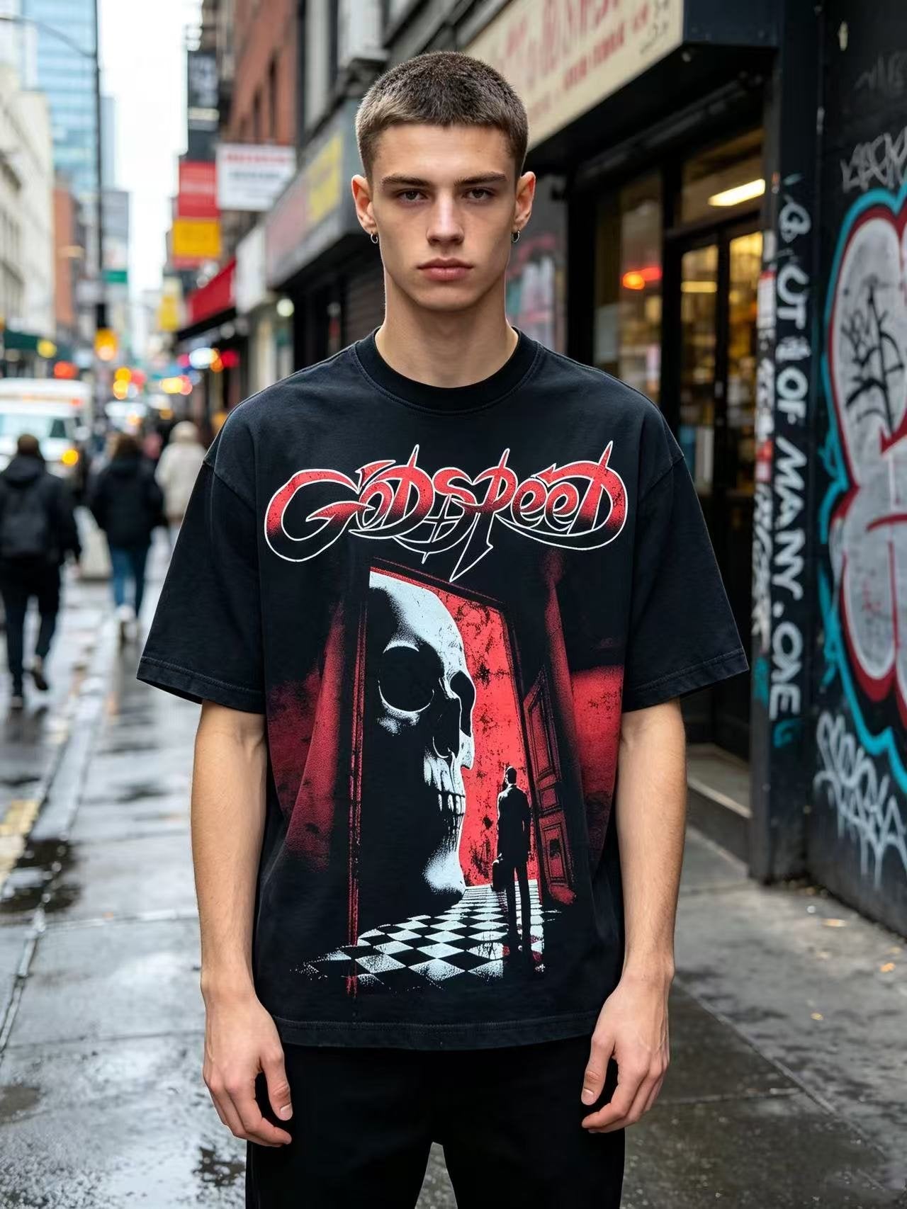 Godspeed Skull Graphic T-Shirt — model