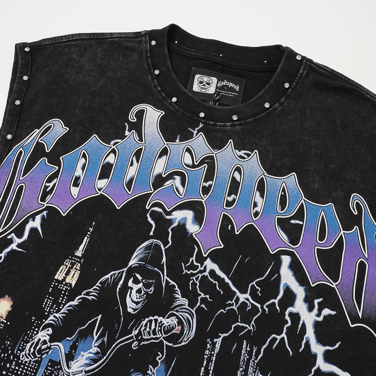 Godspeed Manifest Skull Studded Black Sleeveless T-Shirt — detail