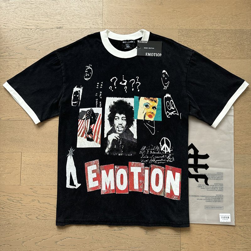MIXED EMOTION Washed Black Graphic Ringer T-Shirt — context