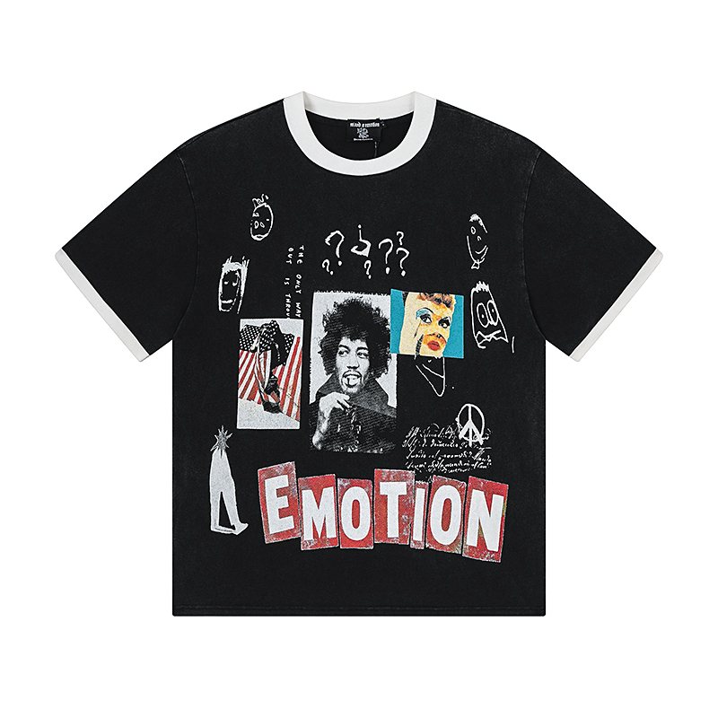 MIXED EMOTION Washed Black Graphic Ringer T-Shirt — front