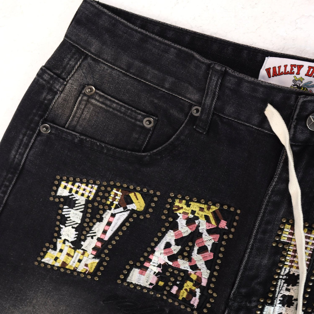 Valley Dreams Plaid Appliqué Rhinestone Denim Shorts — detail