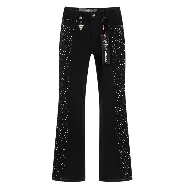 VALABASAS Rhinestone Embellished Black Flared Jeans — hero