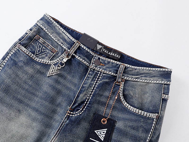 VALABASAS Washed Blue Contrast-Stitch Jeans — detail