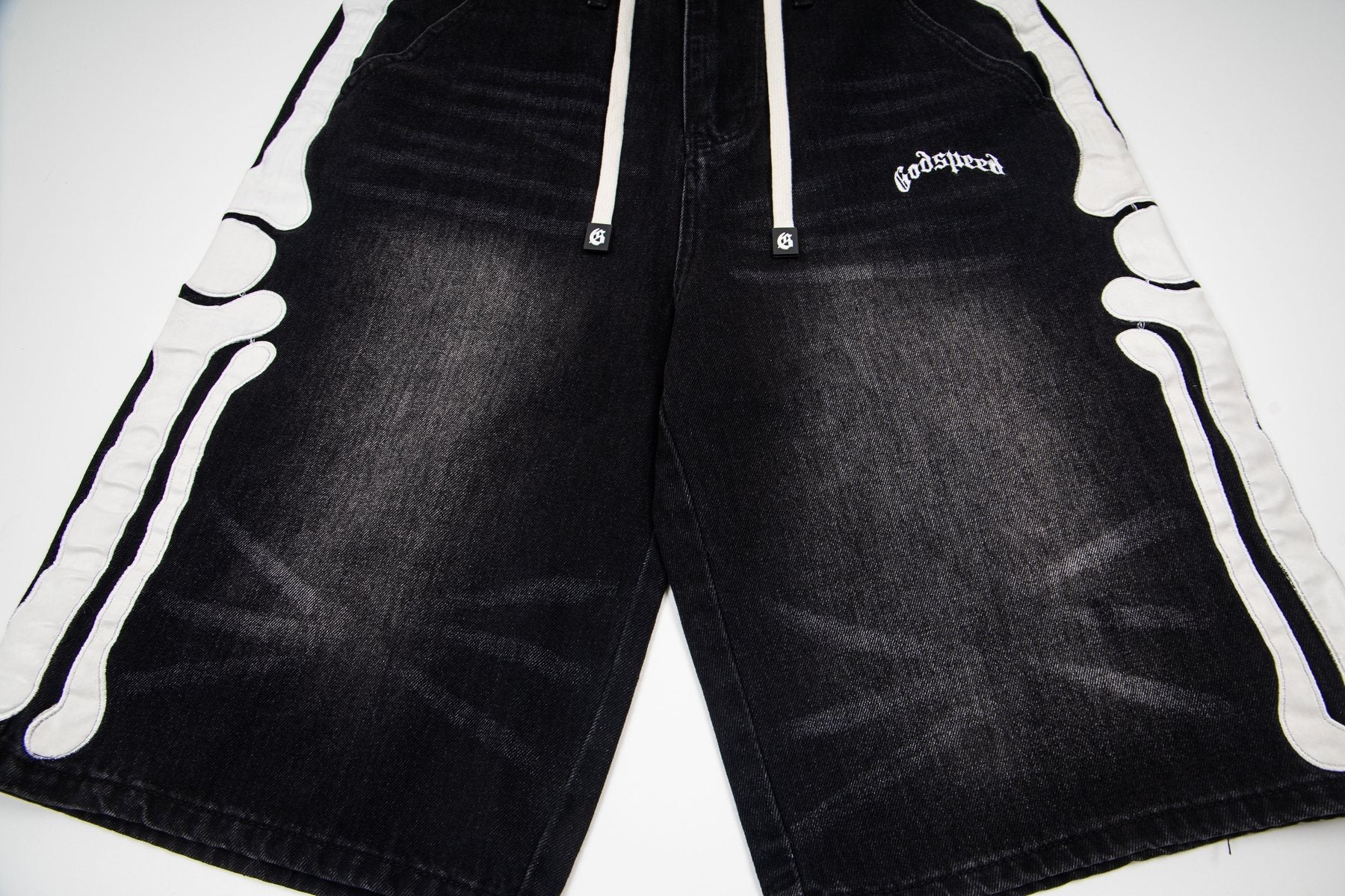 Godspeed Bone Applique Denim Shorts — detail