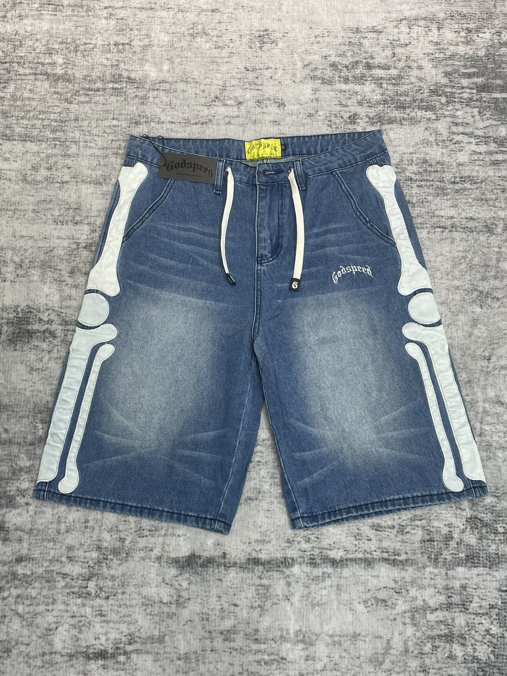 Godspeed Bone Applique Denim Shorts — front