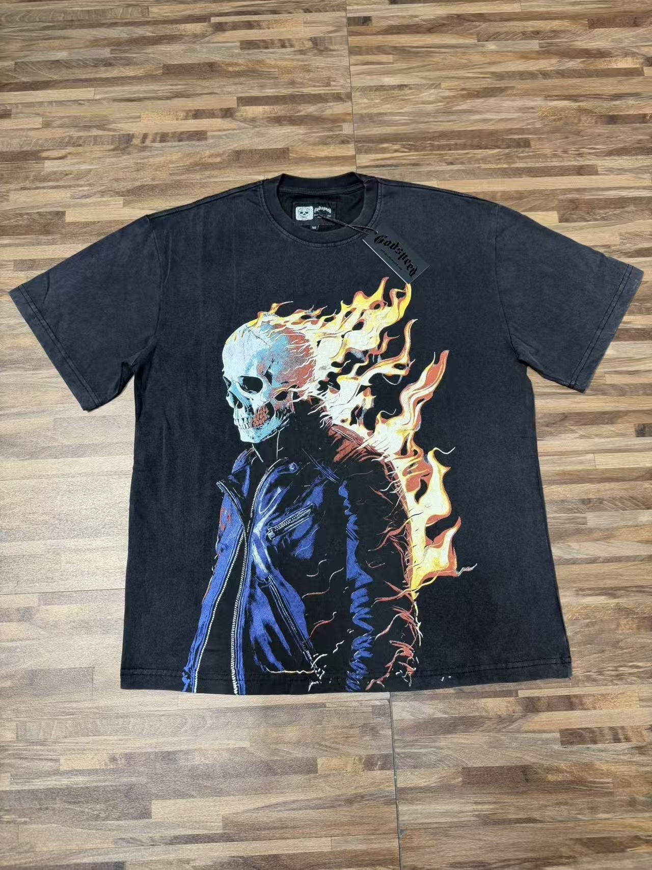Godspeed Flaming Skull Washed Black Graphic T-Shirt — front