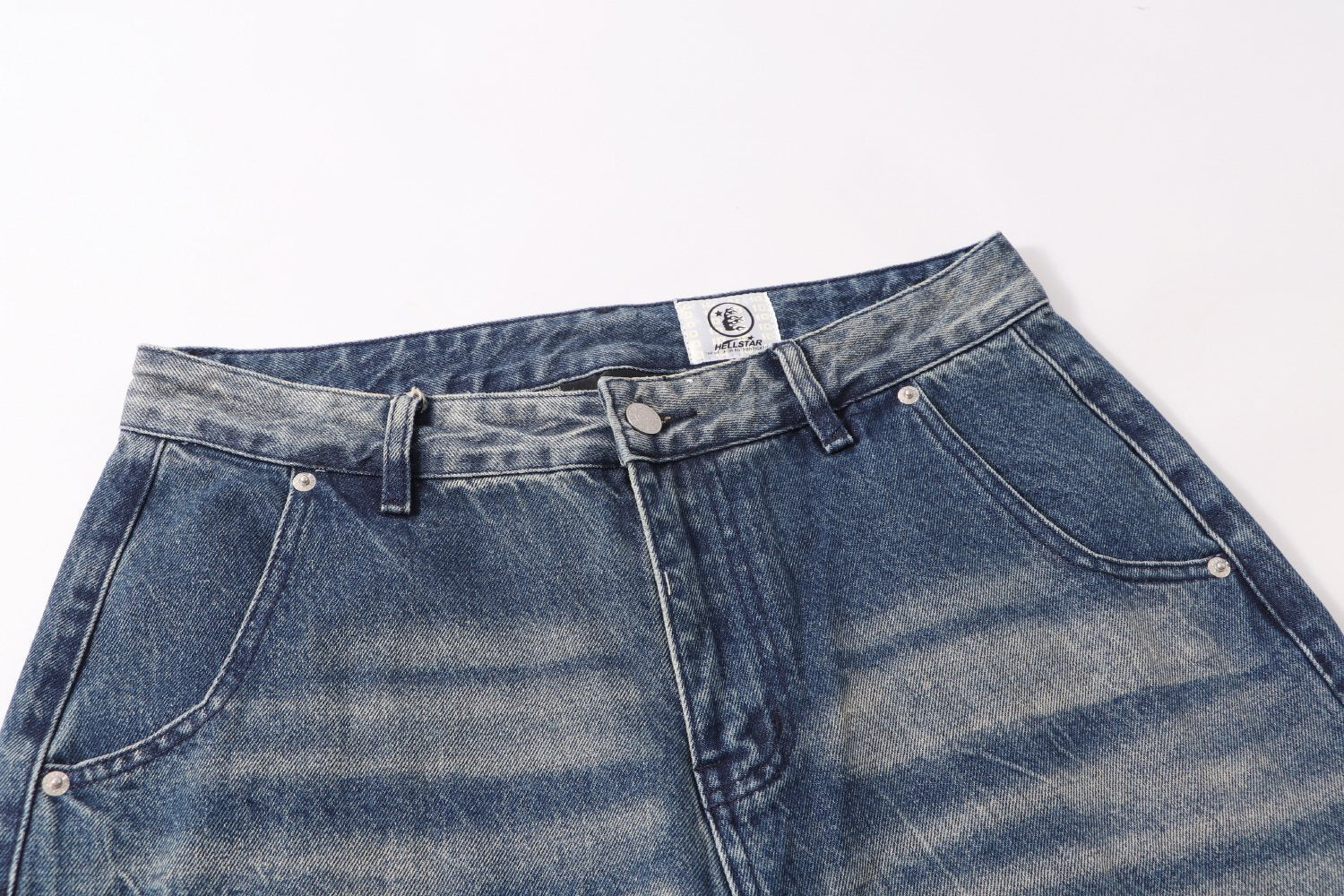 Hellstar Washed Blue Distressed Straight-Leg Jeans — detail
